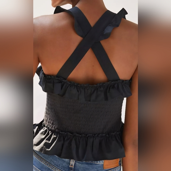 Maeve by Anthropologie Black Smocked Ruffled Tank Women's Size XS - Picture 3 of 7